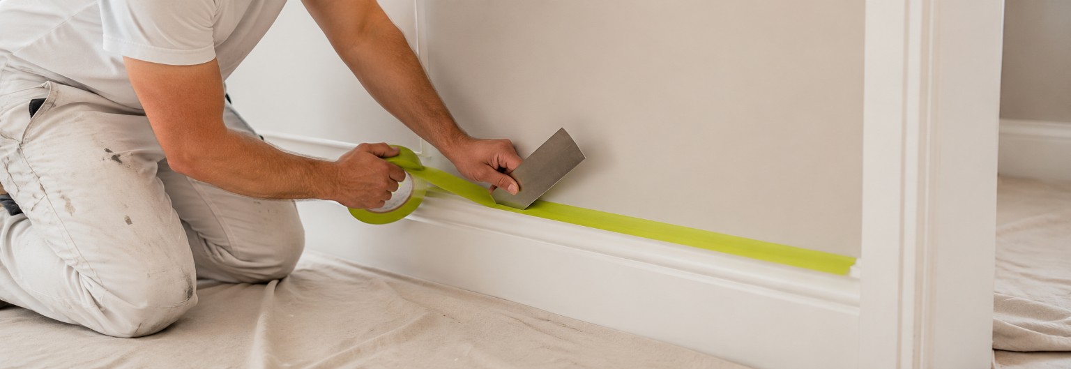 A painter masking the edge above skirting before painting