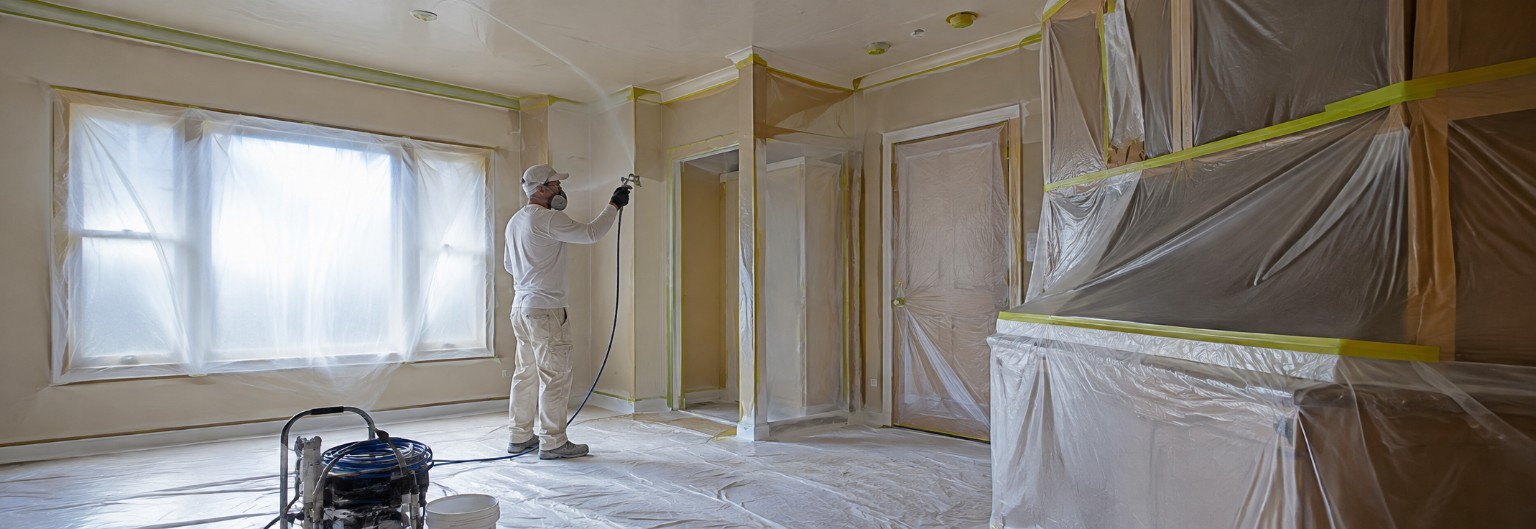 A carefully masked room being prepared for spray painting